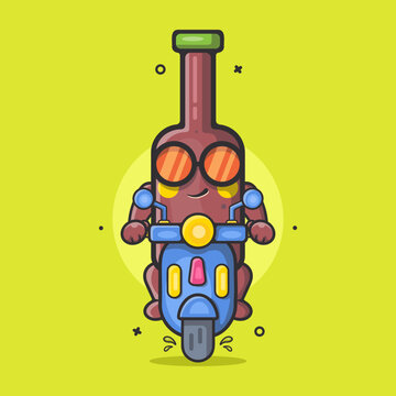 cool beer bottle character mascot riding scooter motorcycle isolated cartoon in flat style design