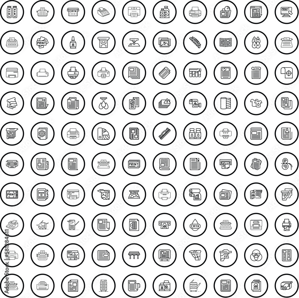 Poster 100 print icons set. outline illustration of 100 print icons vector set isolated on white background