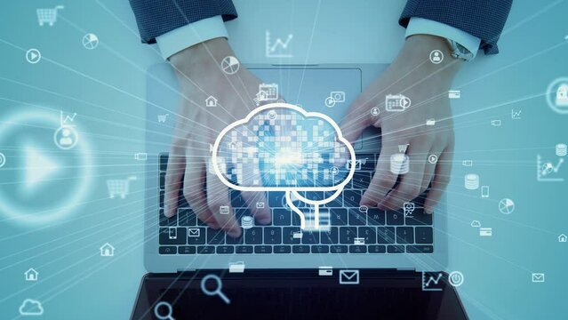 A man using a laptop PC and Artificial intelligence concept. Chat AI.