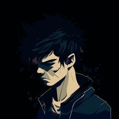 young guy with a sad look black hair cartoon dark background vintage 