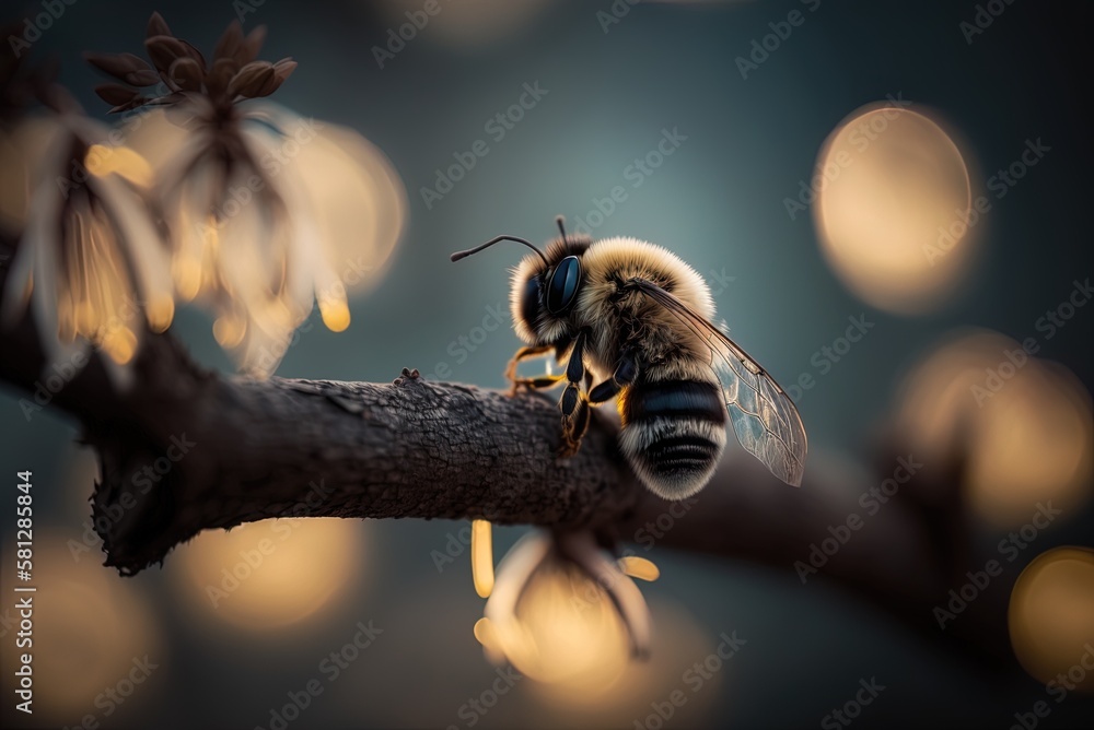 Poster Bokeh-filled close-up of a bee perched on a tree limb. Generative AI
