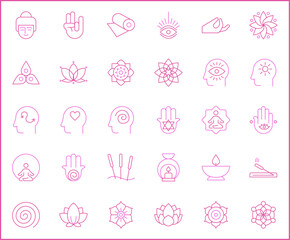 Simple Set of meditation Related Vector Line Icons. Vector collection of lotus, relaxation, wellness, zen, meditate, mind, asana and design elements symbols or logo element.