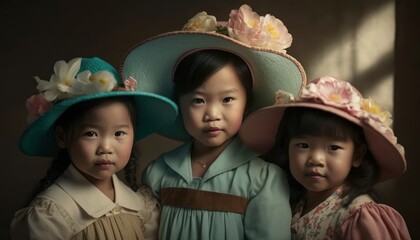 A Joyful Happy Beautiful Easter Display of Diversity: Asian Kids Girls Sporting Easter Bonnets with Confidence and Smiles, Symbolizing Unity and Acceptance (generative AI)