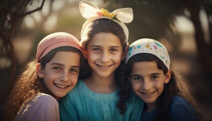A Joyful Happy Beautiful Easter Display of Diversity: Middle Eastern Kids Girls Sporting Easter Bonnets with Confidence and Smiles, Symbolizing Unity and Acceptance (generative AI)