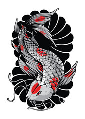 Obraz premium Koi Fish with Japanese Wave and Flowers Tattoo Japanese Illustration Style Isolated Vector. Editable Layer and Color.