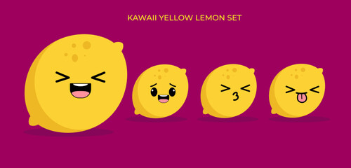 yellow lemon with kawaii eyes. Flat design vector illustration of a happy yellow lemon
on purple background