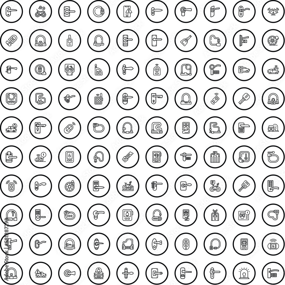 Poster 100 security icons set. outline illustration of 100 security icons vector set isolated on white back