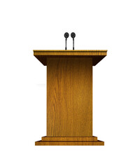 Wooden podium with microphones - obrazy, fototapety, plakaty