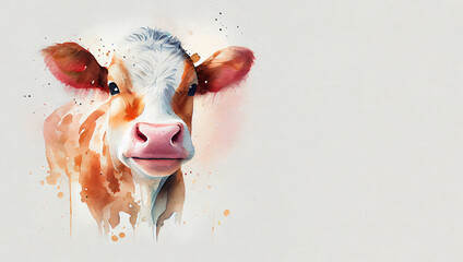 Hand drawn watercolor smiling cow with copyspace on white background. Generative AI.