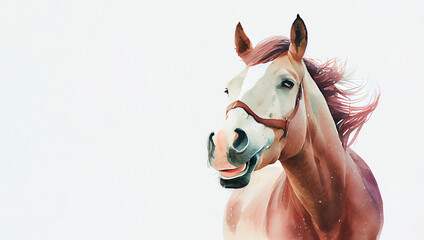 Hand drawn watercolor smiling horse with copyspace on white background. Generative AI.
