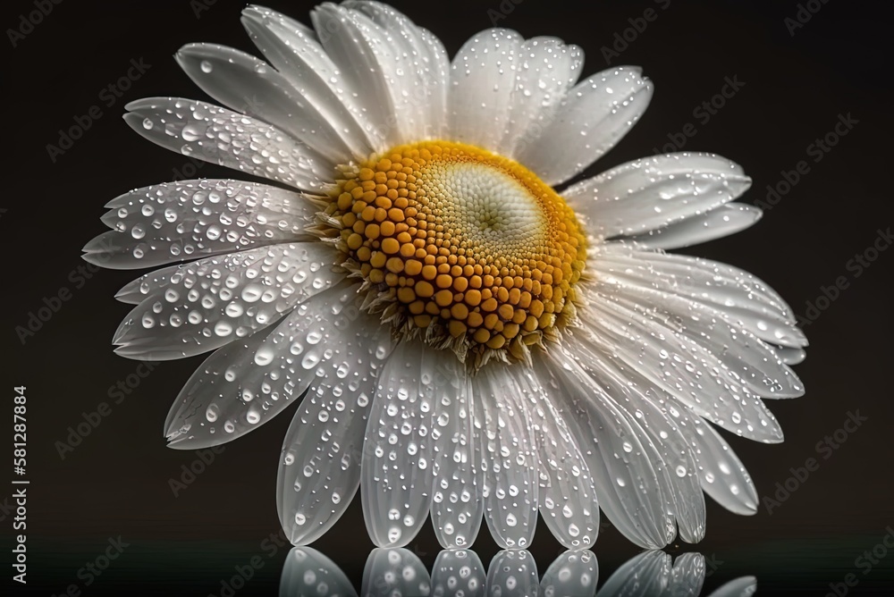 Poster a macro image of a white daisy blossom dripping with dew generative ai