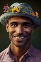 A Joyful Happy Beautiful Easter Display of Diversity: Multiracial Man Sporting Easter Bonnet with Confidence and Smiles, Symbolizing Unity and Acceptance (generative AI)