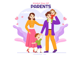 Global Day of Parents Illustration with Importance of Being a Parenthood and its Role in Kids in Flat Cartoon Hand Drawn for Landing Page Template