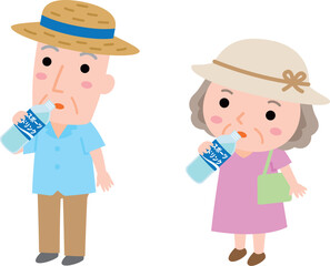 熱中症予防イラスト素材　スポーツドリンクを飲むおじいさんとおばあさん