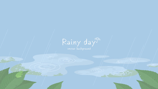 Rainy day background with copy space. Vector illustration of puddles, leaves wet in the rain and a frog.
