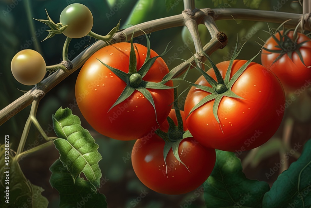 Poster image of ripe tomatoes on the vine in close up generative ai