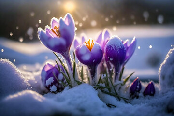 Daisy flowers blooming purple on snow with blurred bokeh background while sunrise. Generative AI illustration