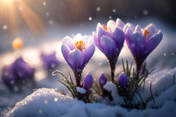 Beautiful daisy flowers blooming purple on snow with blurred bokeh background while sunrise. Generative AI illustration
