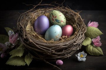 Fototapeta na wymiar Easter eggs on nest with leaves. Generative AI illustration