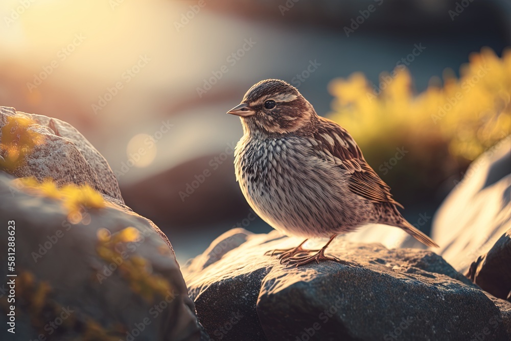 Aufkleber hazy midday closeup of a sparrow perched on some rocks in the sunshine. generative ai