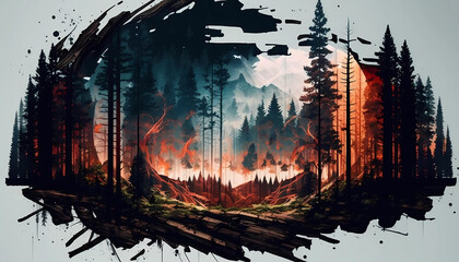 A forest being destroyed by logging and deforestation. digital art illustration. generative AI.