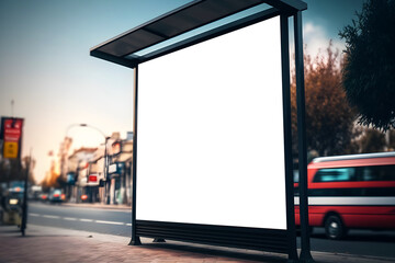 Empty space advertisement board, blank white signboard on roadside in city, Square blank billboard in city, generative ai
