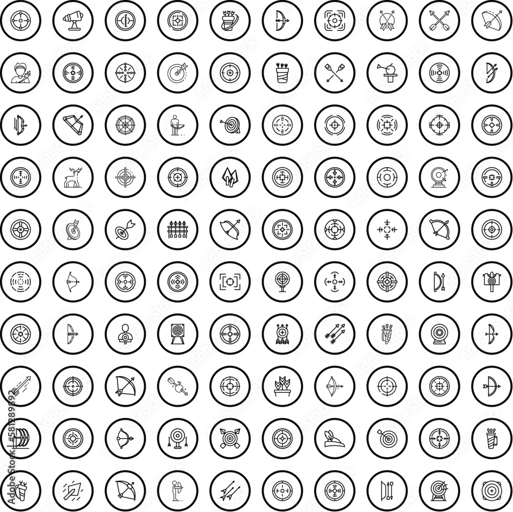 Poster 100 target icons set. outline illustration of 100 target icons vector set isolated on white backgrou