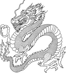 Traditional Japanese dragon with cherry blossom and wave for tattoo design.Hand drawn Chinese dragon for printing on shirt.Beautiful line art of dragon vector for painting on white isolated background