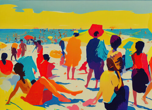 people on the beach, in loose watercolor style. Generative ai.