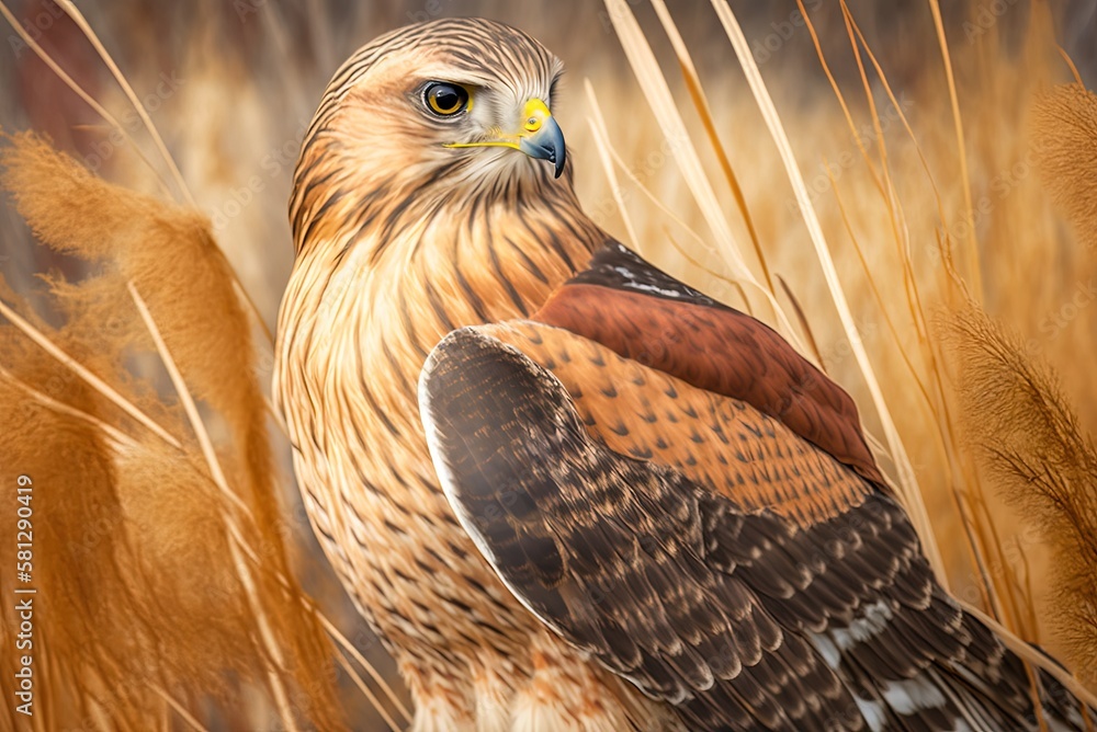Poster a close-up of a red-shouldered hawk sitting on a patch of dead grass in a field. generative ai