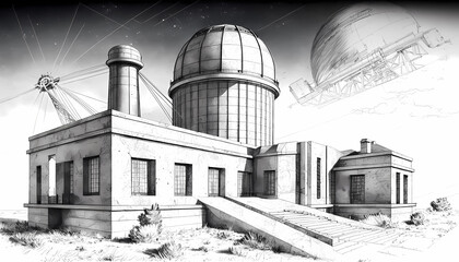 sketch of observatory with towering telescopes. digital art illustration. generative AI.