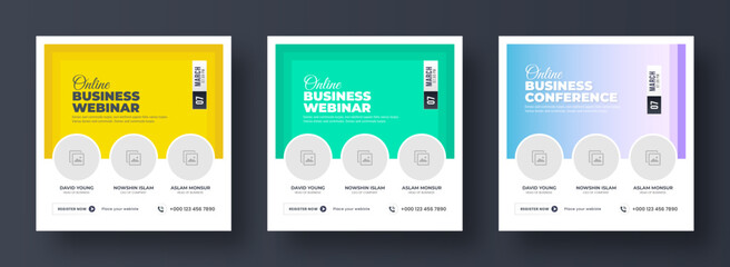 Business webinar invitation design. Webinar and business conference social media post template. Online webinar social media post template. Business conference banner template. Online live webinar.