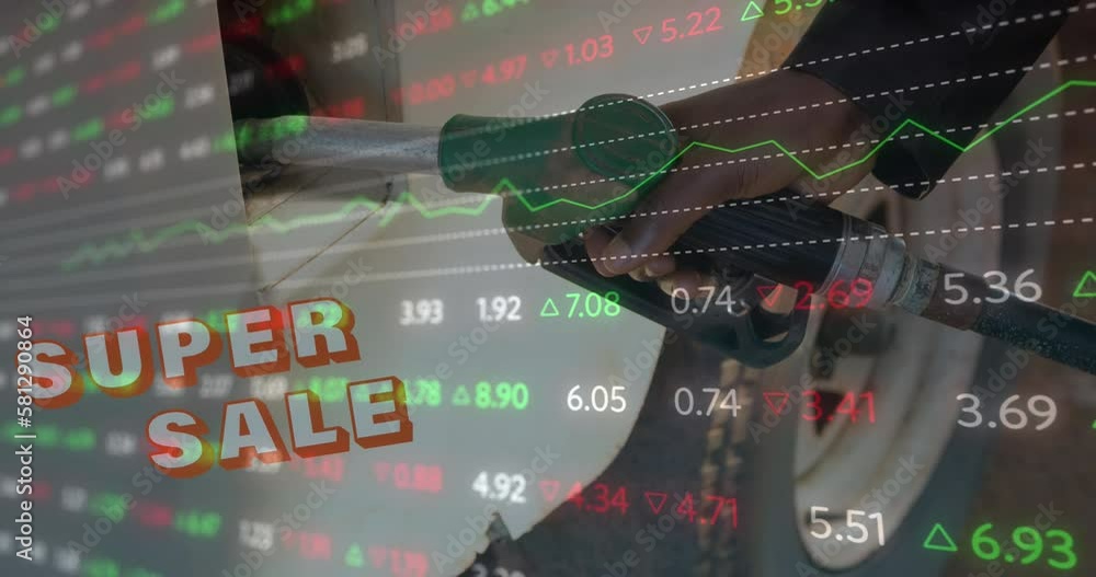 Aufkleber animation of sale text and financial data processing on mid section of man refueling at gas station