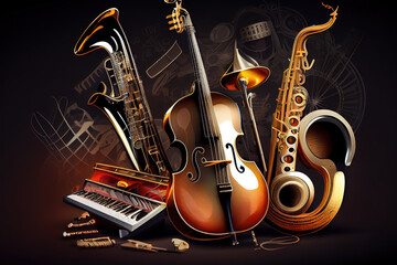 Obraz premium Aesthetic jazz background, musical instrument frame in blue vector. Generative Ai