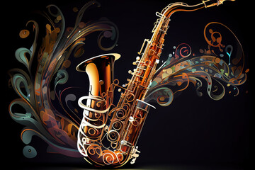saxophone made with watercolor brush strokes and musical notes. Generative Ai - obrazy, fototapety, plakaty