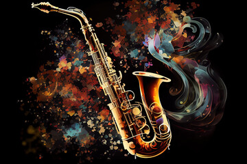 Music notes rainbow colourful with saxophone on white background. Generative Ai - obrazy, fototapety, plakaty