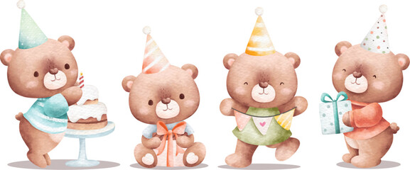 Watercolor illustration set of cute birthday teddy bear