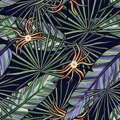 Tropical exotic leaves and flower vector seamless pattern. Jungle foliage illustration. Botanical illustration on dark background.