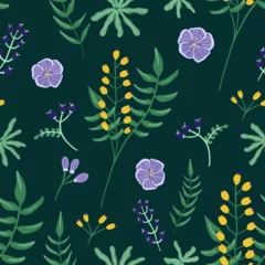 Selbstklebende Fototapeten Floral seamless pattern with leaf, berries and purple flowers ornament on dark green color background  © yetitaher