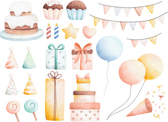 Watercolor illustration set of Birthday party elements