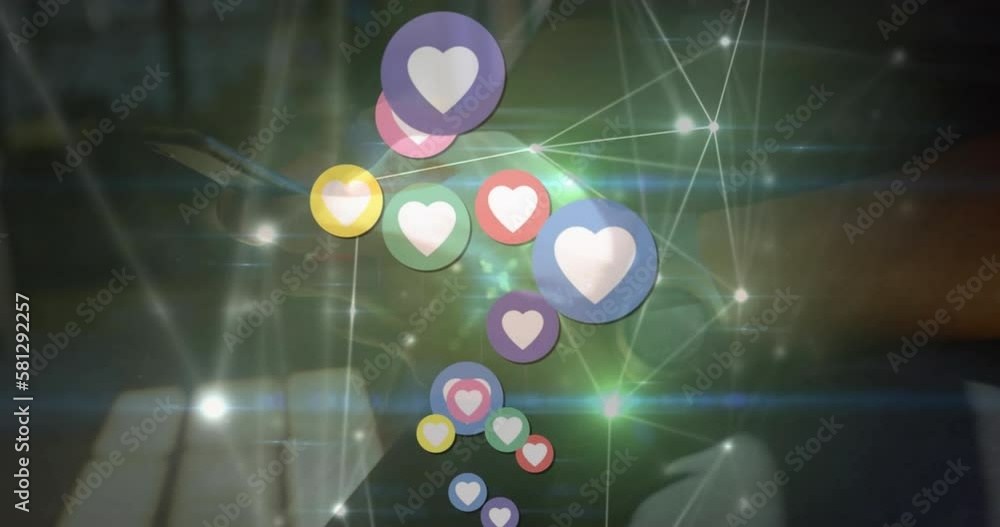 Poster animation of heart icons and network of connections over mid section of a man using smartphone