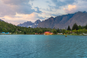 A pond river lake in Karakoram high mountain hills. Nature landscape background, Skardu-Gilgit, Pakistan. Travel on holiday vacation.