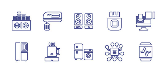 Electronics line icon set. Editable stroke. Vector illustration. Containing electronic, mixer, speaker, flash drive, electronics, heater, home appliance, circuit, smartwatch.