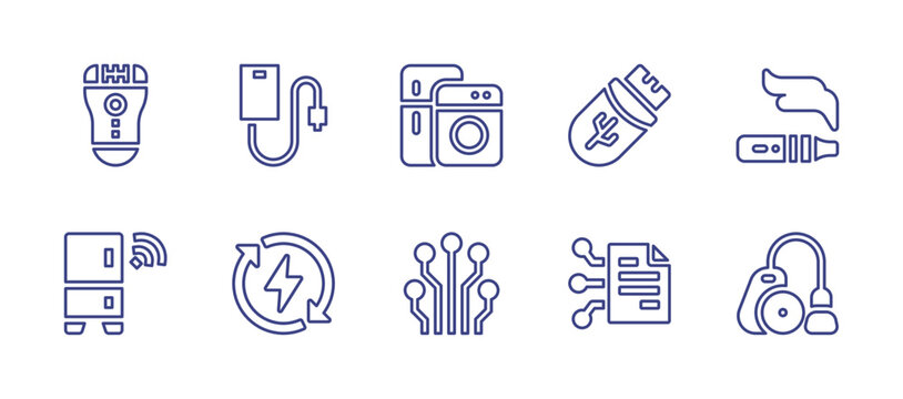 Electronics Line Icon Set. Editable Stroke. Vector Illustration. Containing Epilator, Device, Electrical Appliance, Usb Drive, Electronic Cigarette, Refrigeration, Renewable Energy, Electrical.