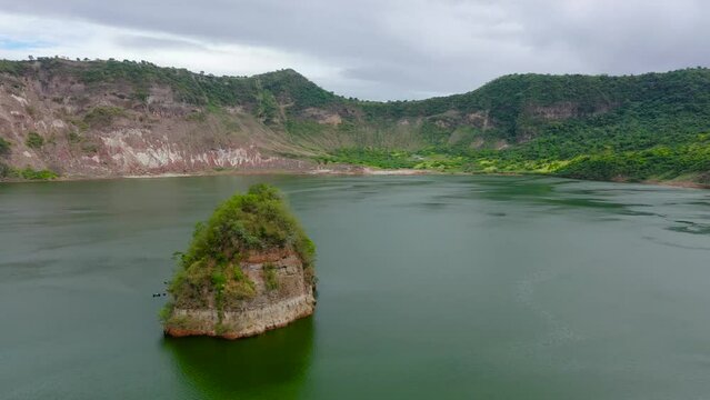 Green crater lake and Taal volcano, aerial view.The smallest Taal volcano in the Philippines. Travel vacation concept
