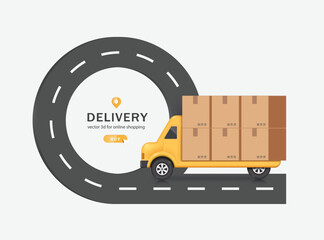 yellow truck is driving on circular road carrying parcel box or cardboard box stacked on top of each other - obrazy, fototapety, plakaty