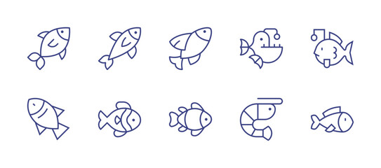 Fish line icon set. Editable stroke. Vector illustration. Containing fish, tuna, flying fish, anglerfish, abyssal fish, clown fish.