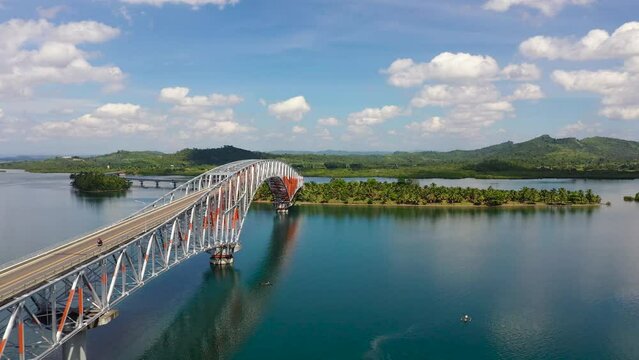 San Juanico Bridge: The Longest Bridge in the Philippines. Road bridge between the islands, top view. Summer and travel vacation concept.