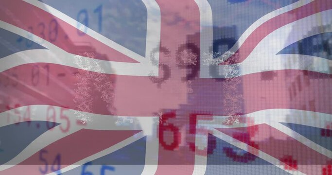 Animation of flag of uk over stock market and cityscape