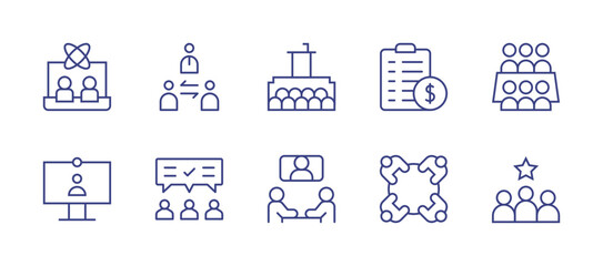 Meeting line icon set. Editable stroke. Vector illustration. Containing virtual event, intermediary, meeting room, meeting, interview, consensus, team.